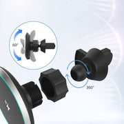 Close-up of a 15W magnetic car wireless charger showing adjustable 60° and 360° rotation features.