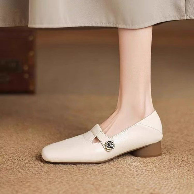 Retro Square Head Genuine Leather Shallow Mouth Shoes Women