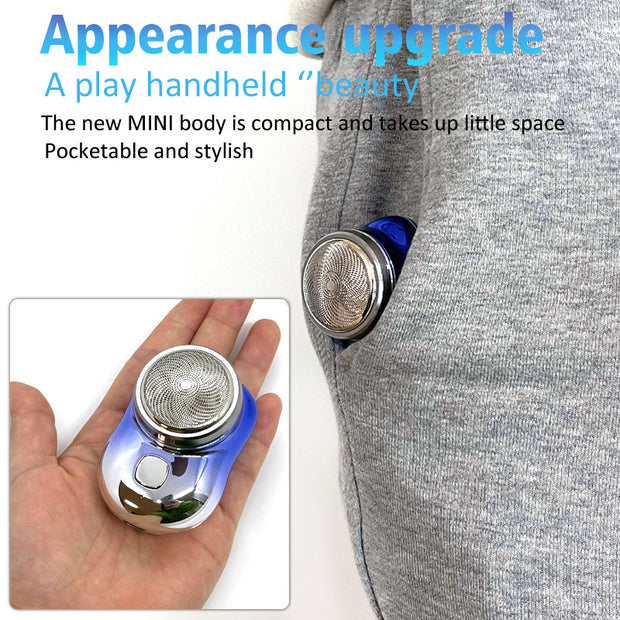 Compact handheld electric shaver held in a hand, showcasing its stylish design and portable size.