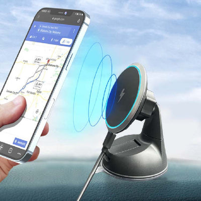 15W magnetic wireless car charger in use, charging phone while displaying GPS navigation.