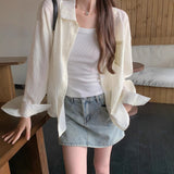 Style Blue Long Sleeve Shirt Jacket for Women Spring and Autumn Striped Blouse Outerwear Sunscreen Cardigan