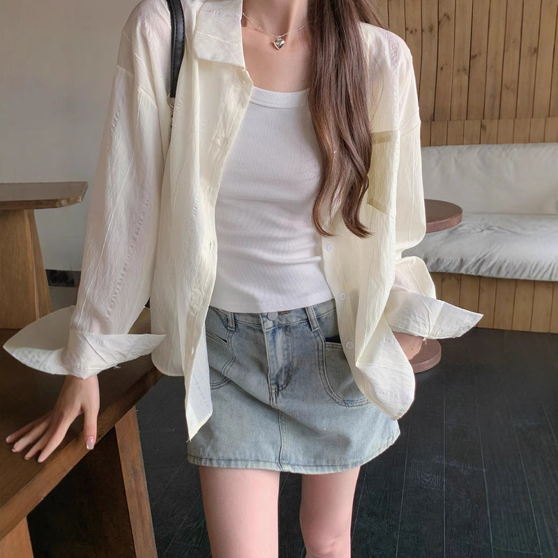 Style Blue Long Sleeve Shirt Jacket for Women Spring and Autumn Striped Blouse Outerwear Sunscreen Cardigan