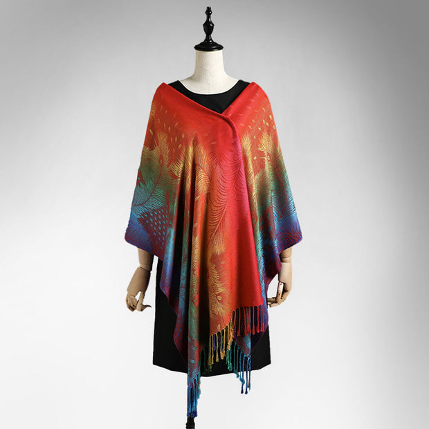 Color Jacquard Talma Long Ladies Tassel Feather