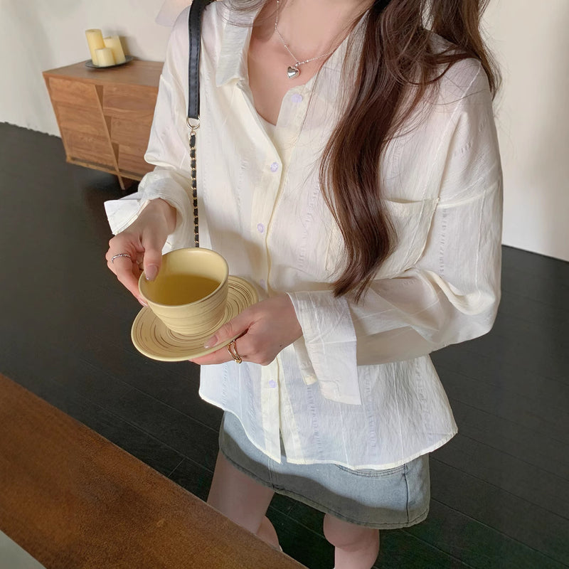 Style Blue Long Sleeve Shirt Jacket for Women Spring and Autumn Striped Blouse Outerwear Sunscreen Cardigan