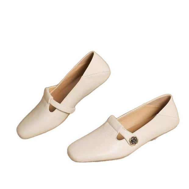Retro Square Head Genuine Leather Shallow Mouth Shoes Women