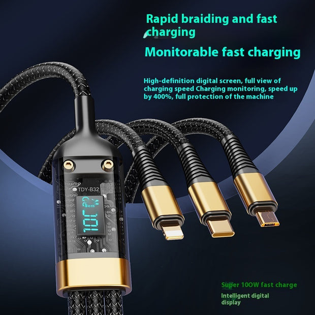 Woven three-in-one charging strip with digital display for fast charging, featuring Lightning, micro USB, and Type-C connectors.