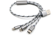 Three-in-one data cable featuring Micro USB, TYPE-C, and USB connections with a stylish braided design.