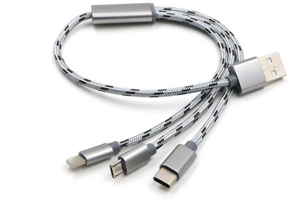 Three-in-one data cable featuring Micro USB, TYPE-C, and USB connections with a stylish braided design.