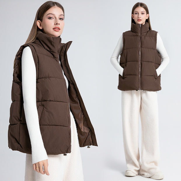 Women's Sleeveless Mid-length Stand-up Collar Thermal Down Cotton Thickened Vest