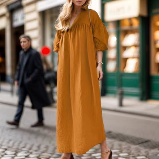 Solid Color Loose V-neck Puff Sleeve Casual Cotton And Linen Dress