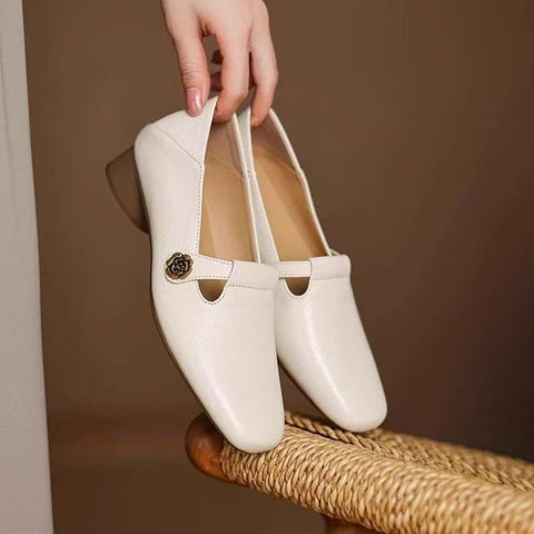 Retro Square Head Genuine Leather Shallow Mouth Shoes Women