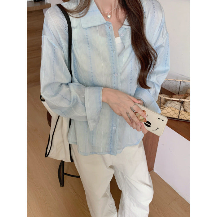 Style Blue Long Sleeve Shirt Jacket for Women Spring and Autumn Striped Blouse Outerwear Sunscreen Cardigan