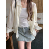 Style Blue Long Sleeve Shirt Jacket for Women Spring and Autumn Striped Blouse Outerwear Sunscreen Cardigan