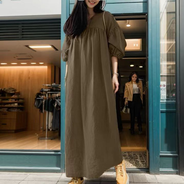 Solid Color Loose V-neck Puff Sleeve Casual Cotton And Linen Dress
