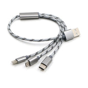 Three-in-one data charging cable with Micro USB, Type-C, and USB connectors in silver color.