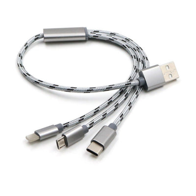 Three-in-one data charging cable with Micro USB, Type-C, and USB connectors in silver color.