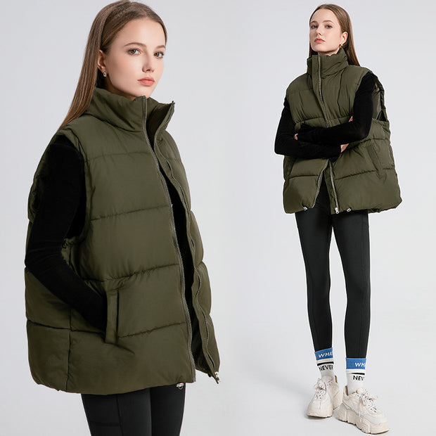 Women's Sleeveless Mid-length Stand-up Collar Thermal Down Cotton Thickened Vest