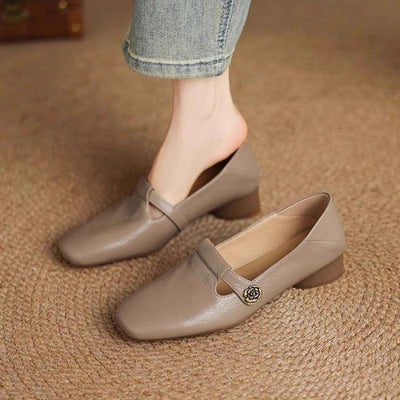 Retro Square Head Genuine Leather Shallow Mouth Shoes Women