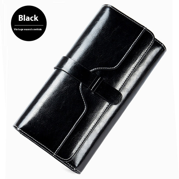 Pure Leather Tri Fold Women's Wallet Long Buckle Genuine Leather