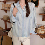 Style Blue Long Sleeve Shirt Jacket for Women Spring and Autumn Striped Blouse Outerwear Sunscreen Cardigan