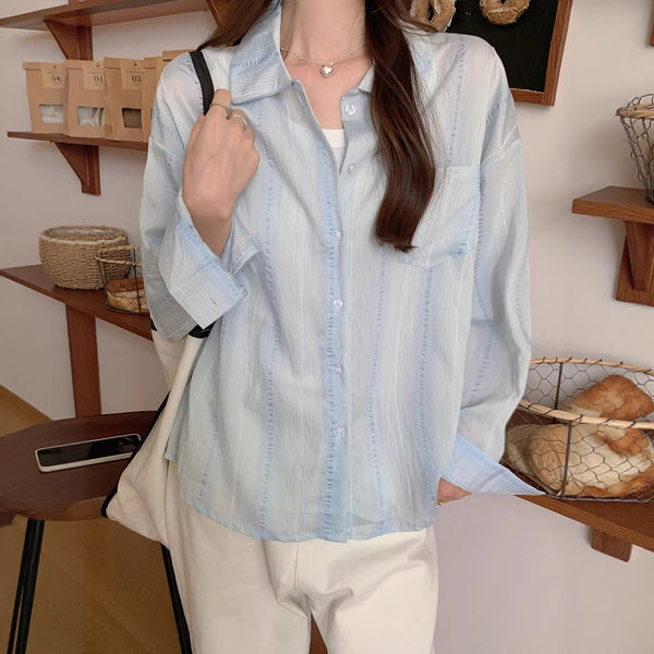 Style Blue Long Sleeve Shirt Jacket for Women Spring and Autumn Striped Blouse Outerwear Sunscreen Cardigan