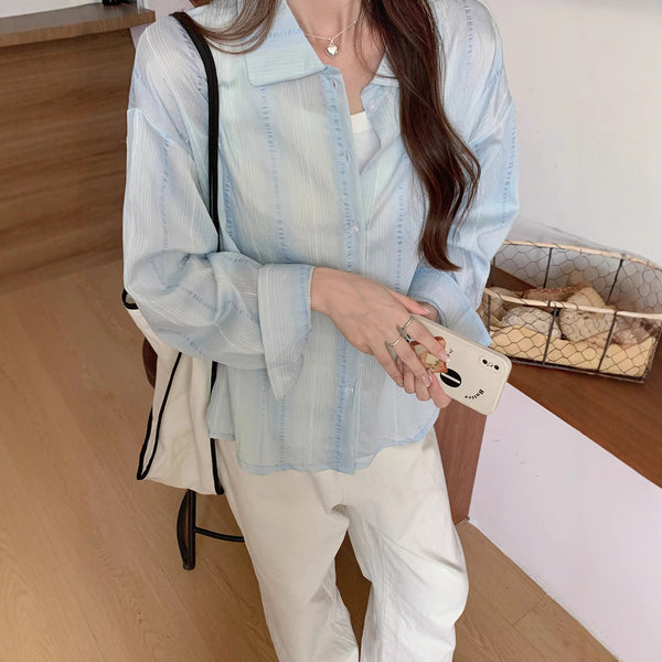 Style Blue Long Sleeve Shirt Jacket for Women Spring and Autumn Striped Blouse Outerwear Sunscreen Cardigan