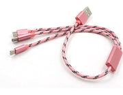 Pink three-in-one USB data cable with Micro USB and TYPE-C connectors, braided design.