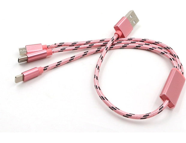 Pink three-in-one USB data cable with Micro USB and TYPE-C connectors, braided design.