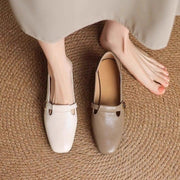 Retro Square Head Genuine Leather Shallow Mouth Shoes Women