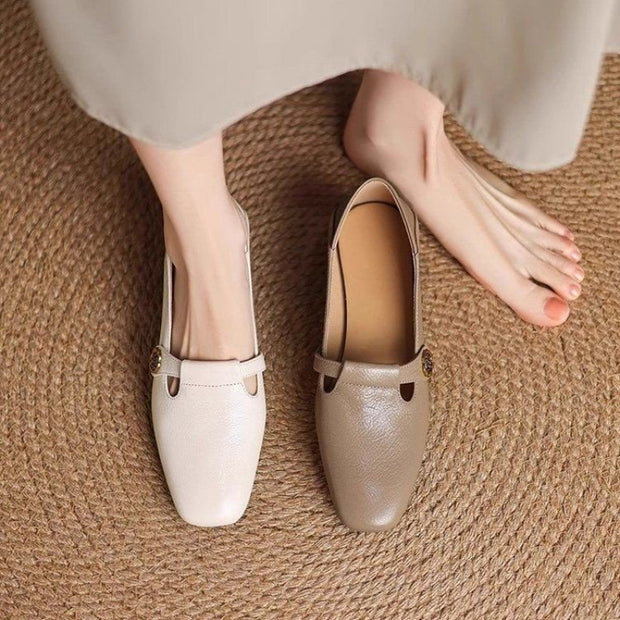 Retro Square Head Genuine Leather Shallow Mouth Shoes Women