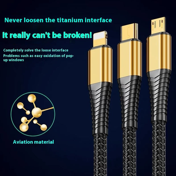 Woven three-in-one charging strip with titanium interface; displays durability and compatibility with lightning, micro USB, TYPE-C.