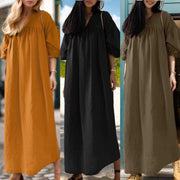 Solid Color Loose V-neck Puff Sleeve Casual Cotton And Linen Dress