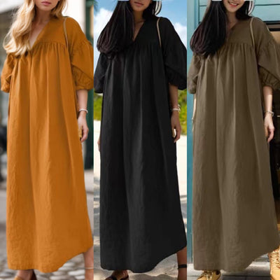 Solid Color Loose V-neck Puff Sleeve Casual Cotton And Linen Dress