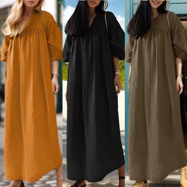 Solid Color Loose V-neck Puff Sleeve Casual Cotton And Linen Dress