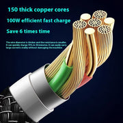 Close-up of a woven charging cable illustrating 150 thick copper cores for 100W fast charging efficiency.