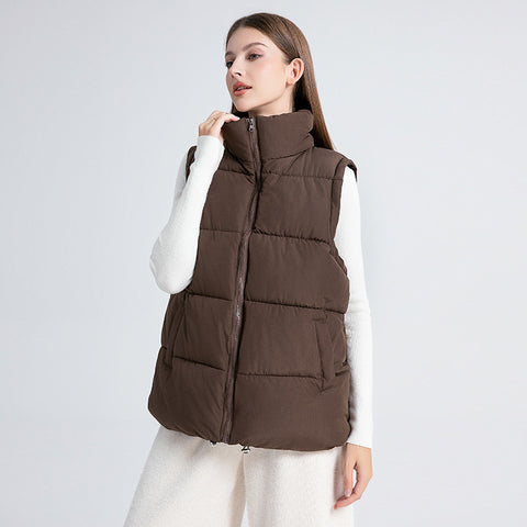 Women's Sleeveless Mid-length Stand-up Collar Thermal Down Cotton Thickened Vest