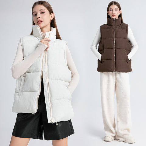 Women's Sleeveless Mid-length Stand-up Collar Thermal Down Cotton Thickened Vest