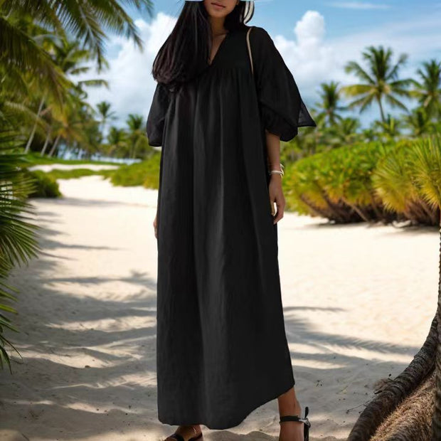 Solid Color Loose V-neck Puff Sleeve Casual Cotton And Linen Dress