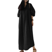 Solid Color Loose V-neck Puff Sleeve Casual Cotton And Linen Dress