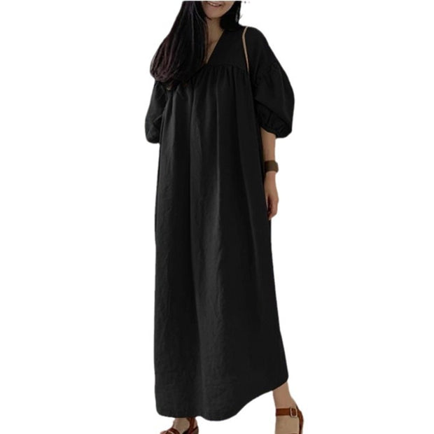 Solid Color Loose V-neck Puff Sleeve Casual Cotton And Linen Dress