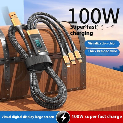 Woven three-in-one charging cable with digital display for fast charging, 100W power, and thick braided design.